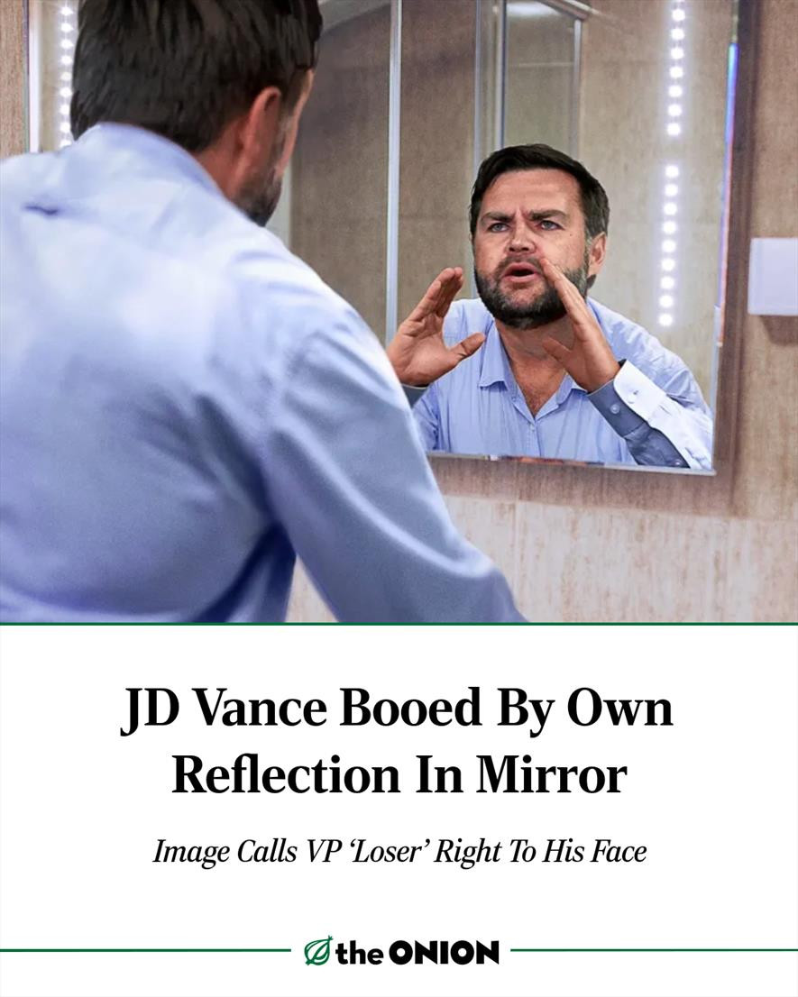 JD Vance Booed  By Own Reflection  In Mirror 

Image Calls VP ‘Loser’ Right To His Face

