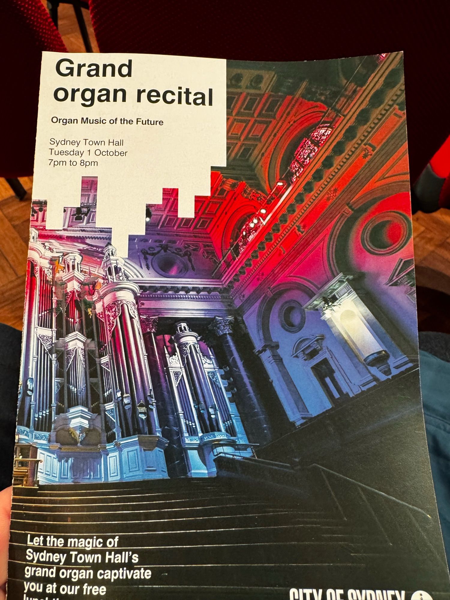 A photo of the cover of tonight’s organ recital at the Sydney Town Hall