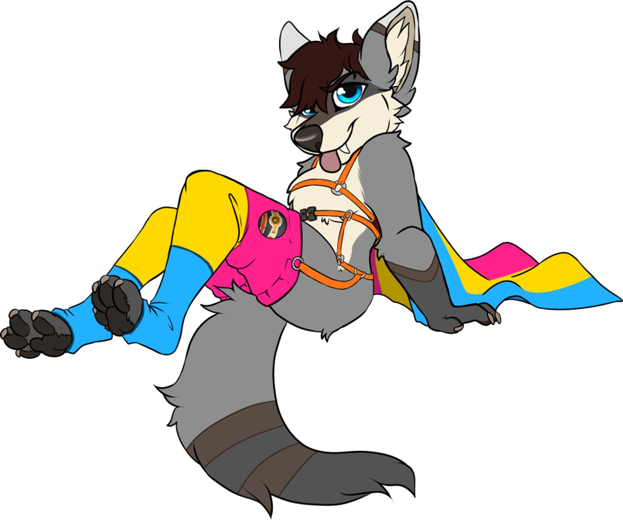 pride chibi of wolf/racoon character with pan thigh highs and cape