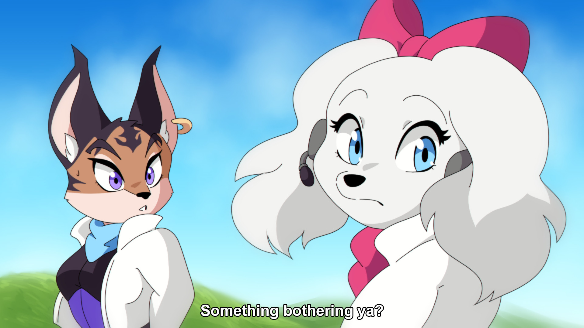 Fake anime screencap illustration of Miyu and Fay from Star Fox 2 in a grassy field. Fay is looking back blankly while Miyu is looking at her concerned. The subtitle reads, "Something bothering ya?"