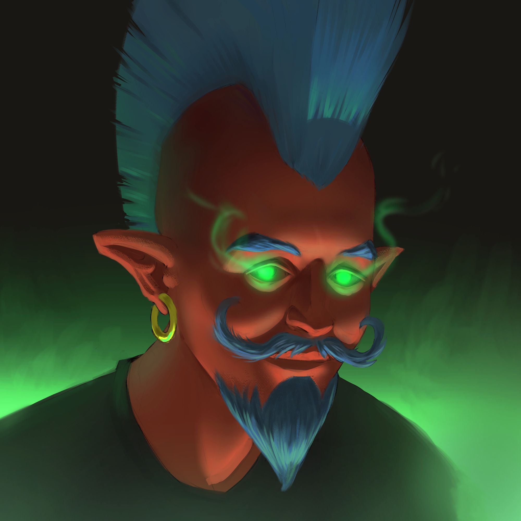 Close up portrait of a human with red skin and blue mohawk, green glowing eyes and an ear ring. Painting. Stylised.