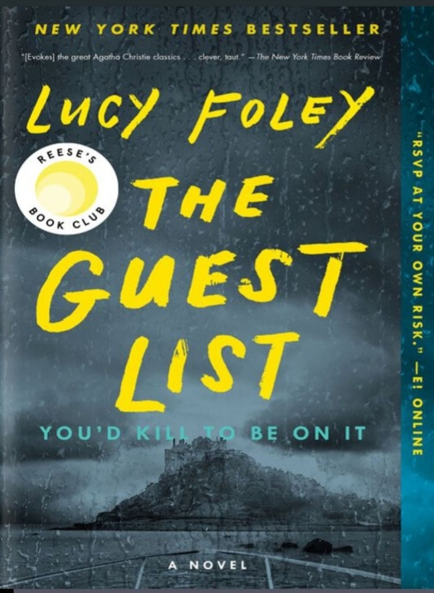 Book cover, The Guest List. An island with storm clouds viewed from a boat