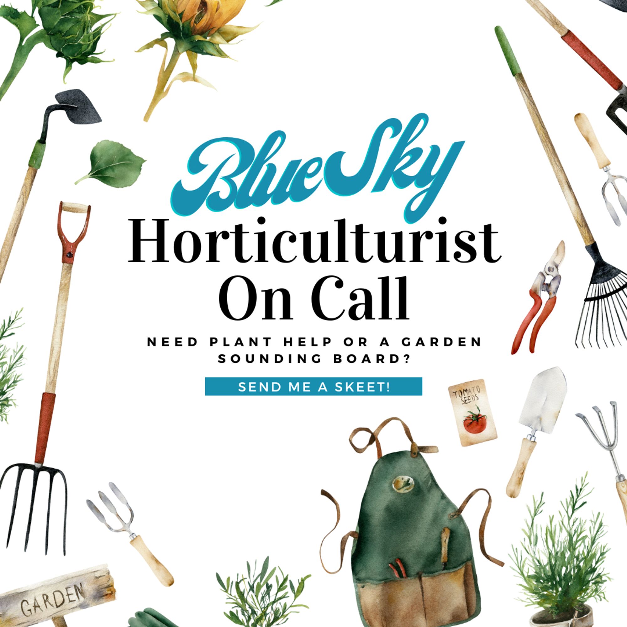 Promotional graphic, white background with various garden implements around the edges in a border,  with the text: 
Blue Sky
Horticulturist On Call
Need plant help or a garden Sounding board?
Send me a Skeet!