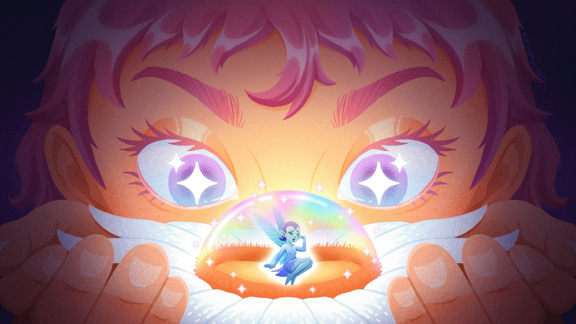 Illustration of a girl holding a flower that has a glowing sleepy fairy on top of it