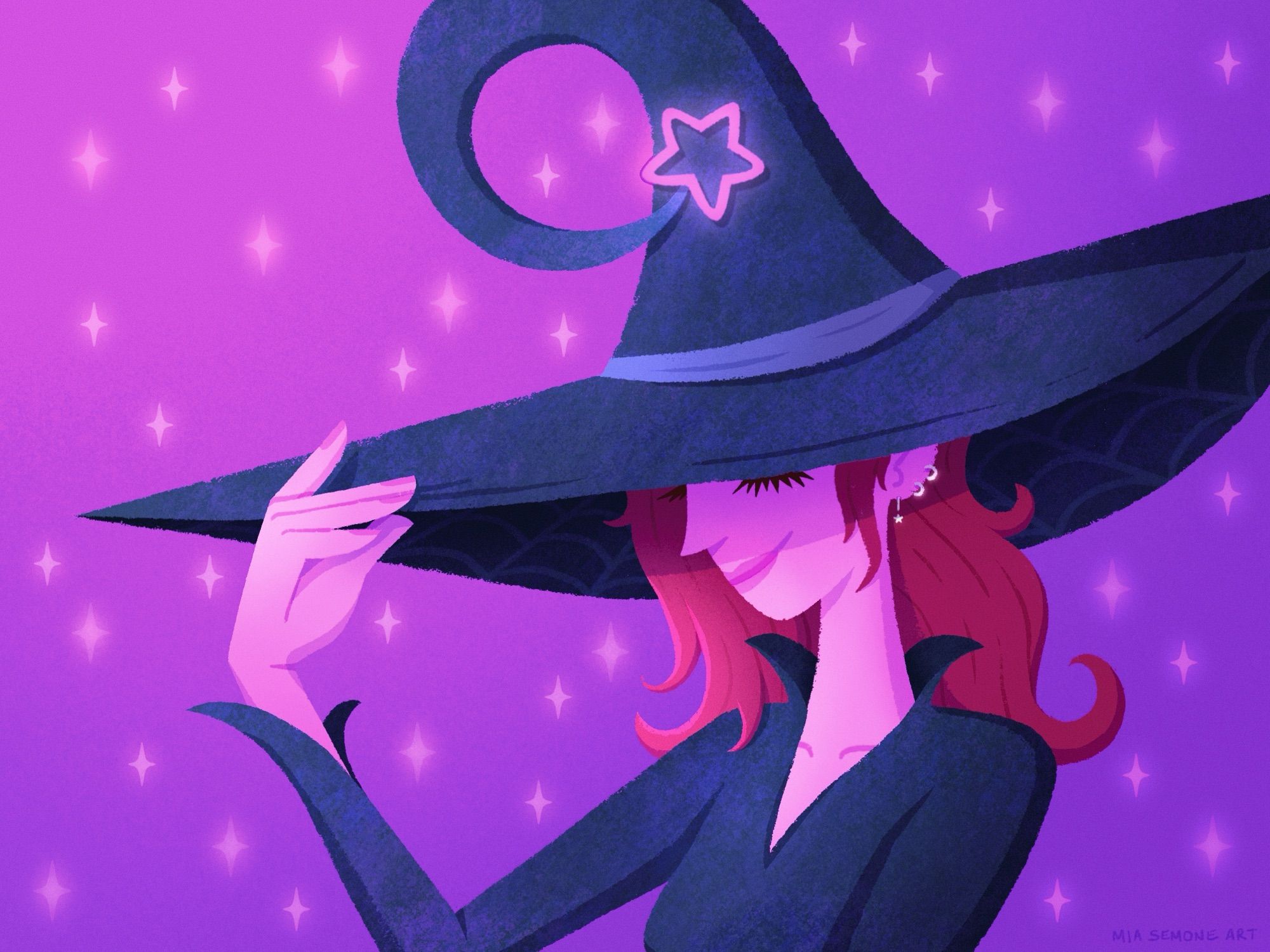 Illustration of a pink witch wearing a huge witch hat with a star at the end of it and surrounded by sparkles