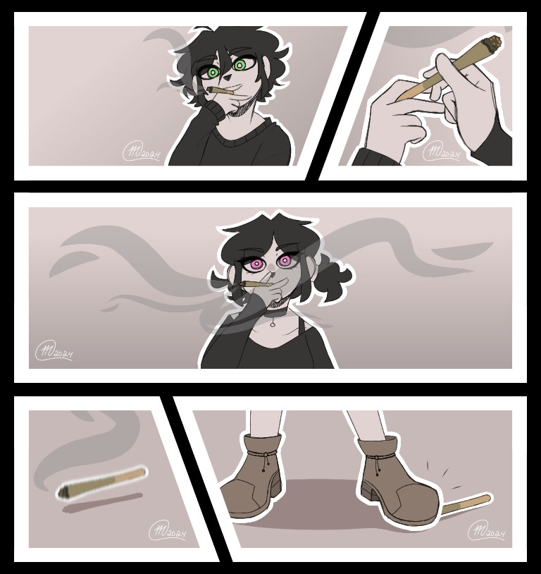 4/20 Comic of Andrew and Ashley smoking weed, the dream blunt rotation, Andrew, Ashley, and no one else because Ashley will sacrifice them to the demon lol