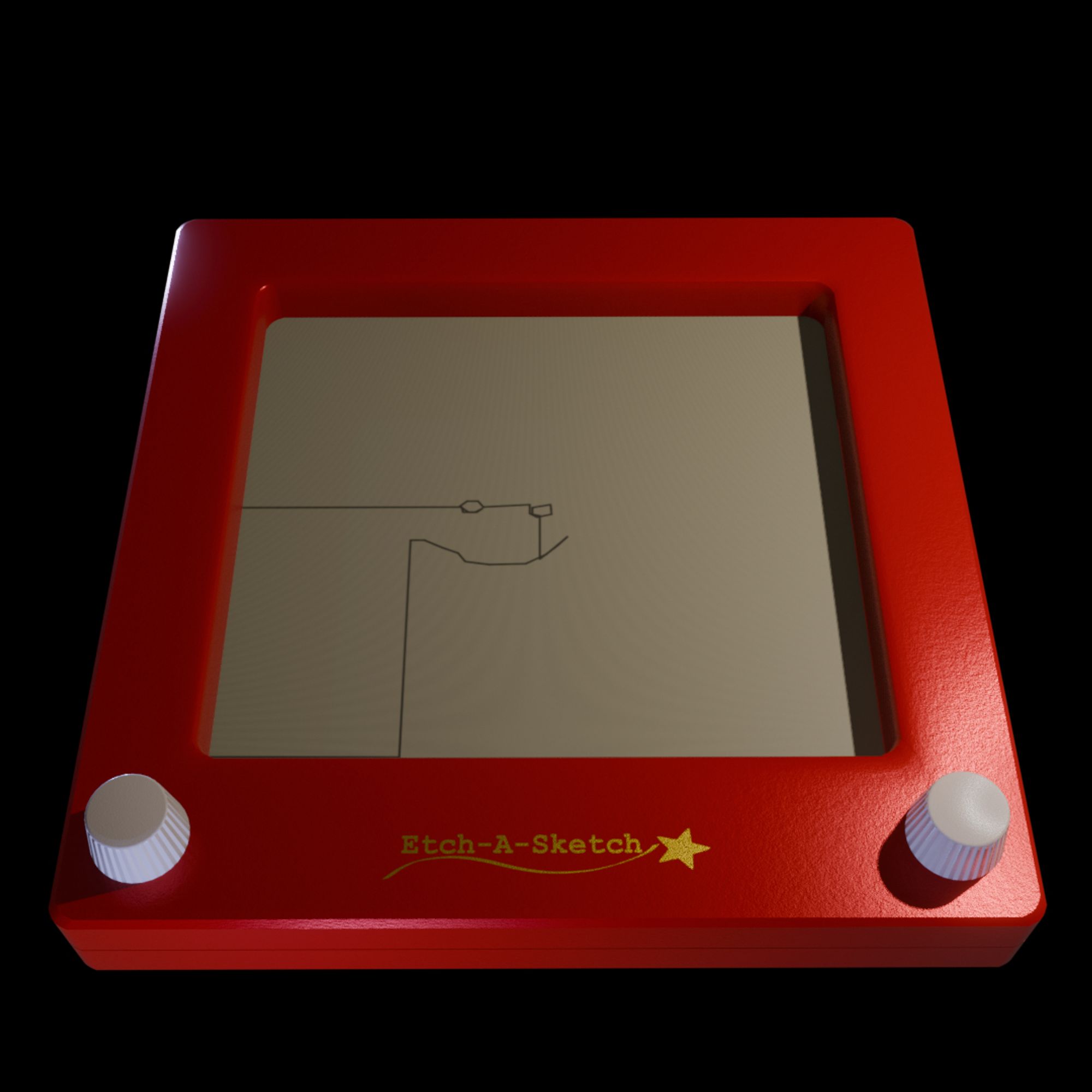 A red etch-a-sketch toy. It's in pristine condition. There's a crude smiley face drawn on it.