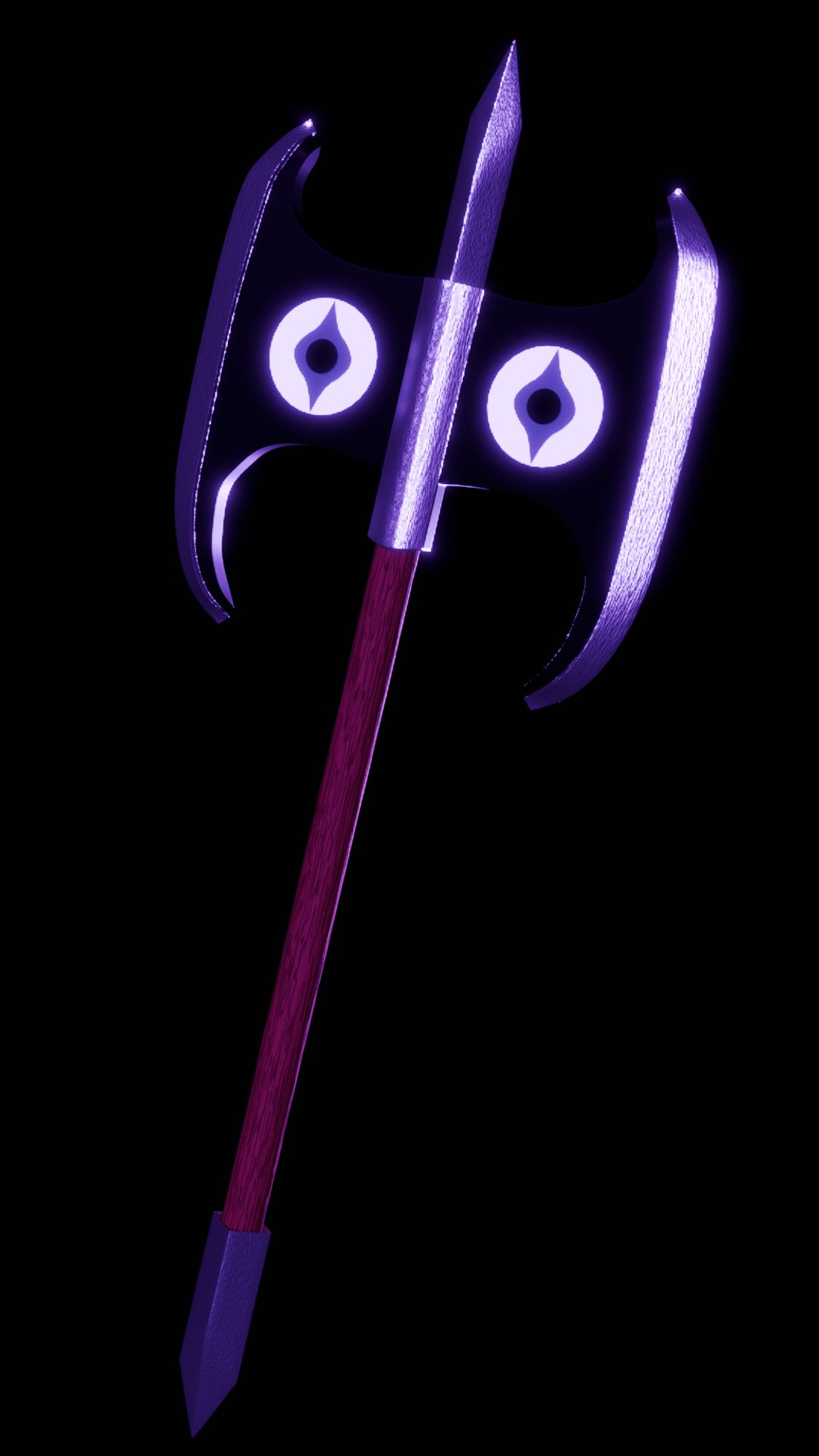 Said to be possessed by a vile deity, this purple steel greataxe was the primary weapon of the evil warlord throughout his rampage of the Choppin Kindom. The eyes are said to grant supernatural powers to the axe's wielder, including premonition.