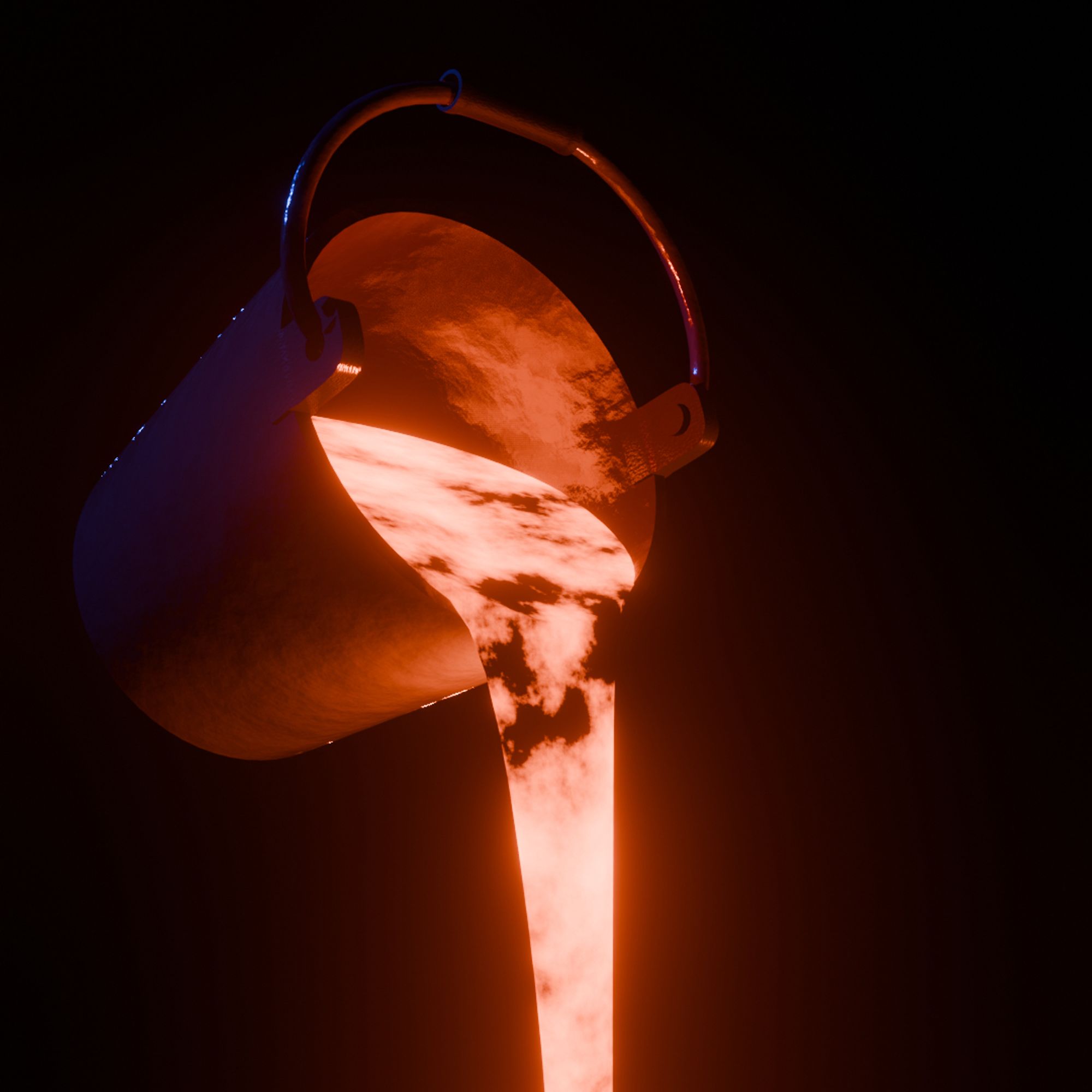 A floating metal bucket pours out glowing orange lava.