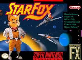 super nintendo box art for starfox. featuring the hero fox mccloud looking heroically with arwings flying in the background