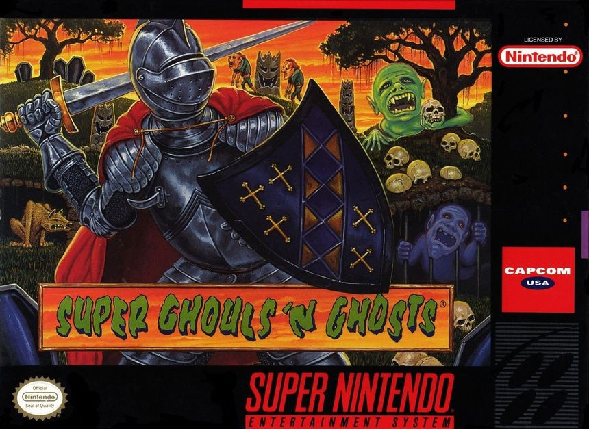 super nintendo box art for super ghouls n ghosts showing the knight arthur in a cemetery full of undead