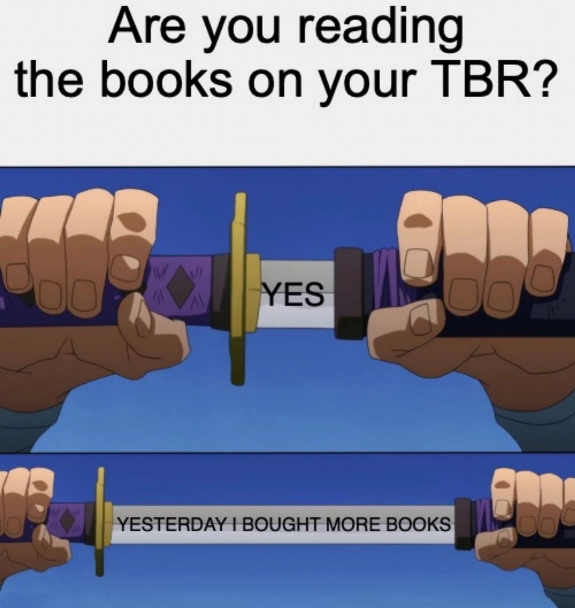 Eine Meme, dass aus zwei Panels besteht.
Die Überschrift ist "Are you reading the books on your TBR?"
Im ersten Panel darunter sieht man, ein Schwert, das aus seiner Schweide gezogen wird. Auf der Klinge steht "YES".
Auf dem Panel darunter wurde das Schwert weiter aus der Scheide gezogen und man sieht mehr davon, was auf der Klinge steht: "YESTERDAY I BOUGHT MORE BOOKS".