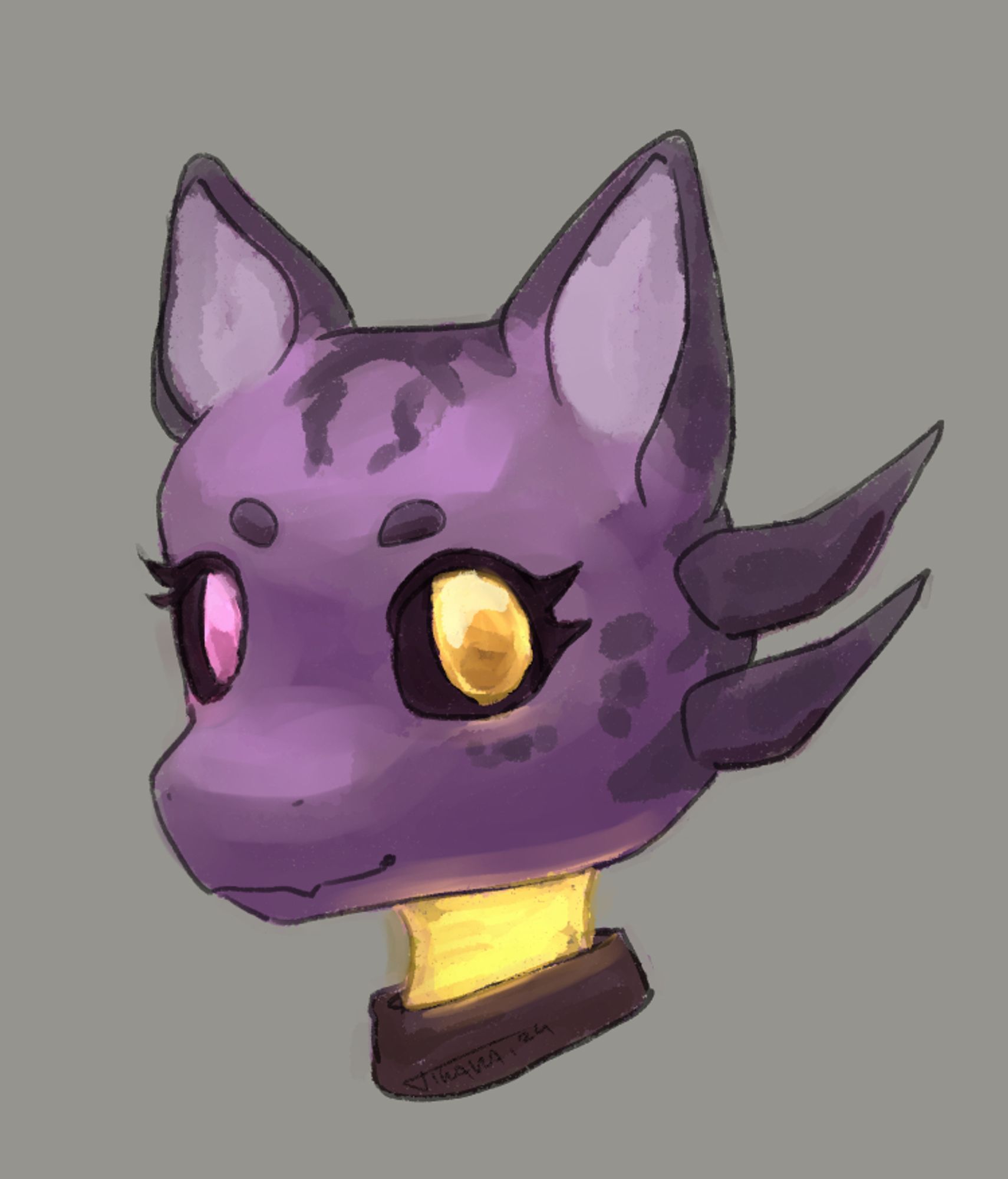 drawing headshot of a purple kobold with glowing eyes and neck.