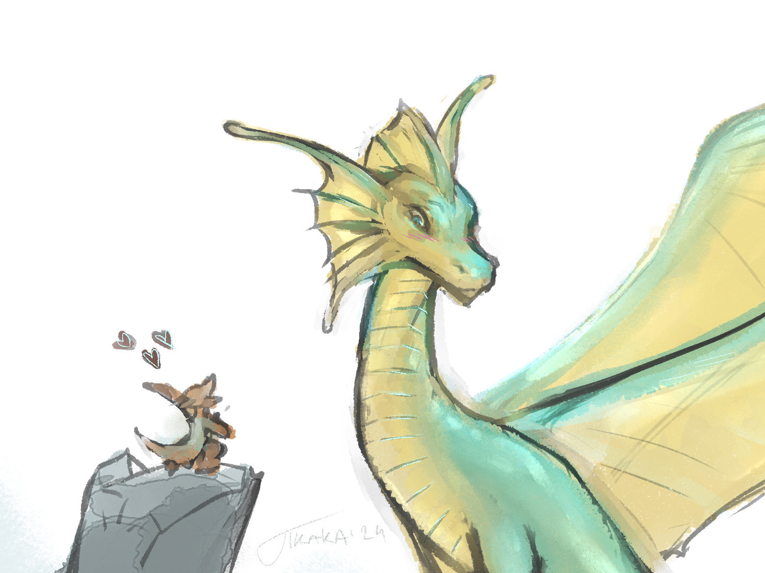 Closeup of the next picture. Brass kobold serenading a sea dragon. The sea dragon is blushing.