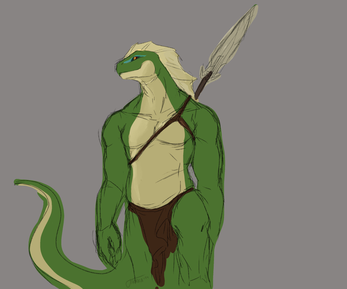 Quick colored sketch of my green lizardfolk barbarian Atmaq. He's looking off to the side, stepping forward, with a spear tied to his back.