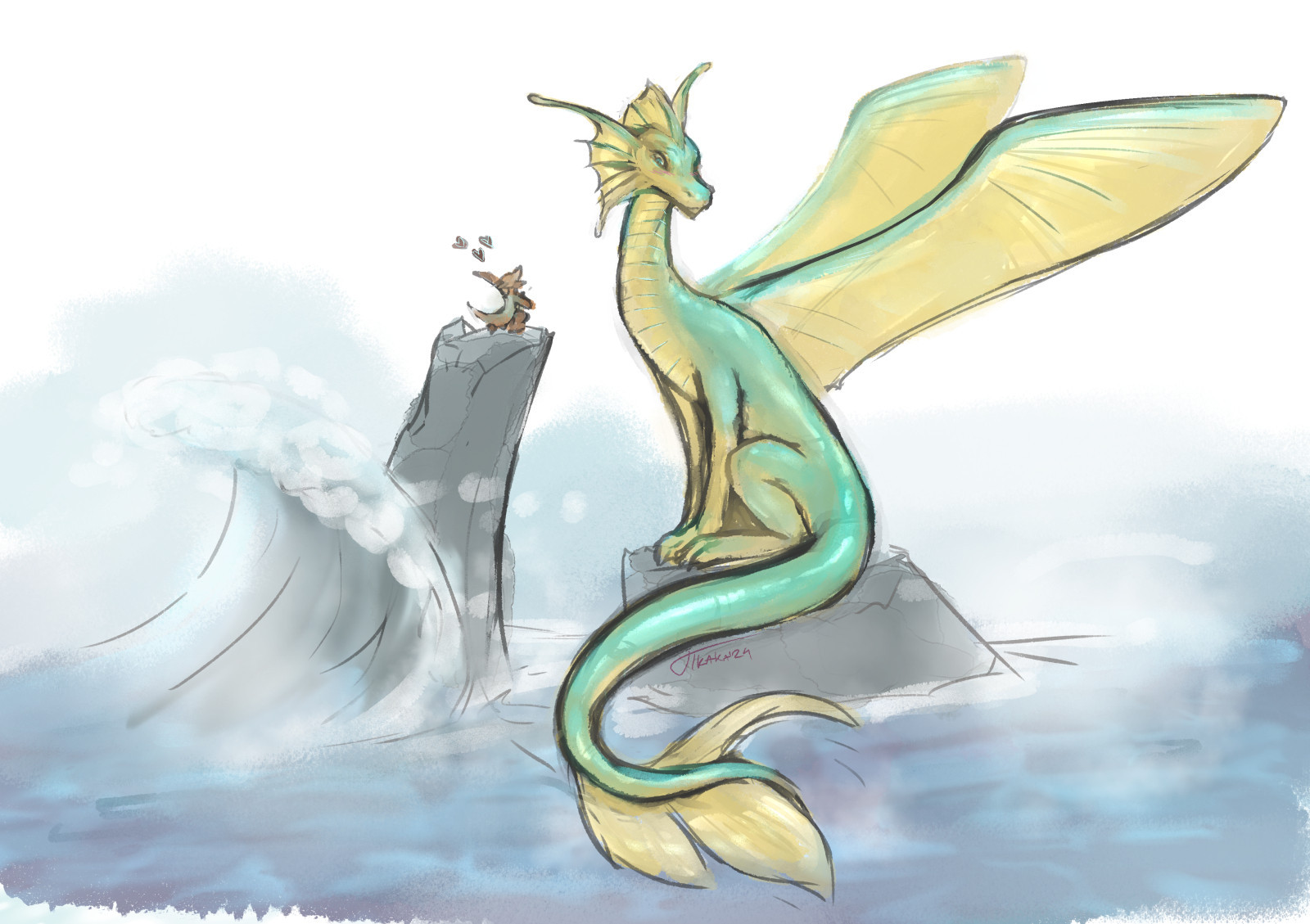 Full picture of the previous drawing. Brass kobold is standing on a high rock that is hit by a wave that can't reach him as he announces his love for the sea dragon. Sea dragon is sitting on another rock, looking away shyly as she blushes.