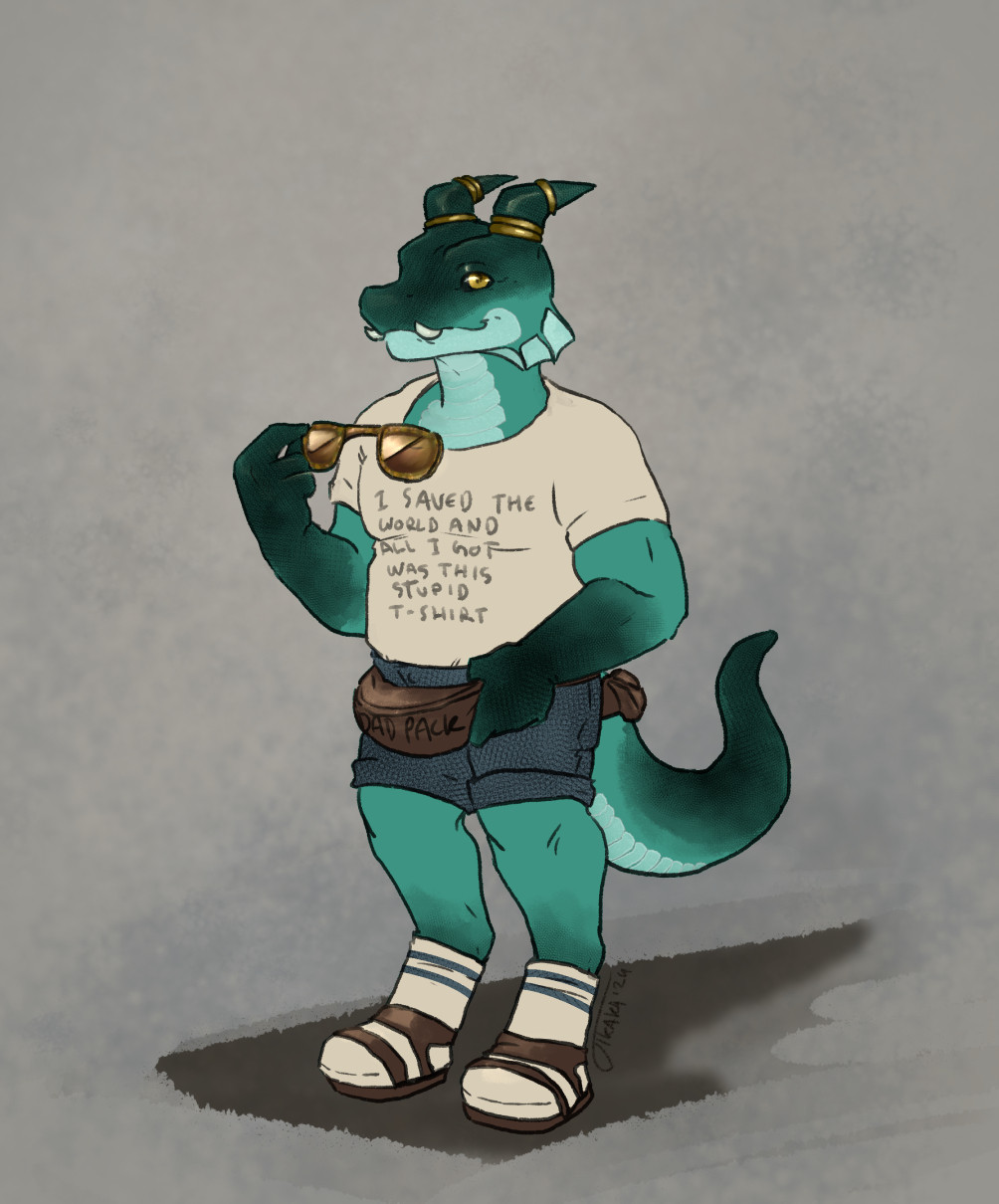 My teal kobold barbarian Bonk how i'd imagine him 10 years in the future. He's smiling confidently, wearing a t-shirt reading "I saved the world and all I got was this stupid t-shirt", a fanny pack reading "dad pack", jean shorts, that the aforementioned t-shirt is tucked in, and white socks in sandals. He is also holding old-fashioned sunglasses. Probably picking up his son from college.