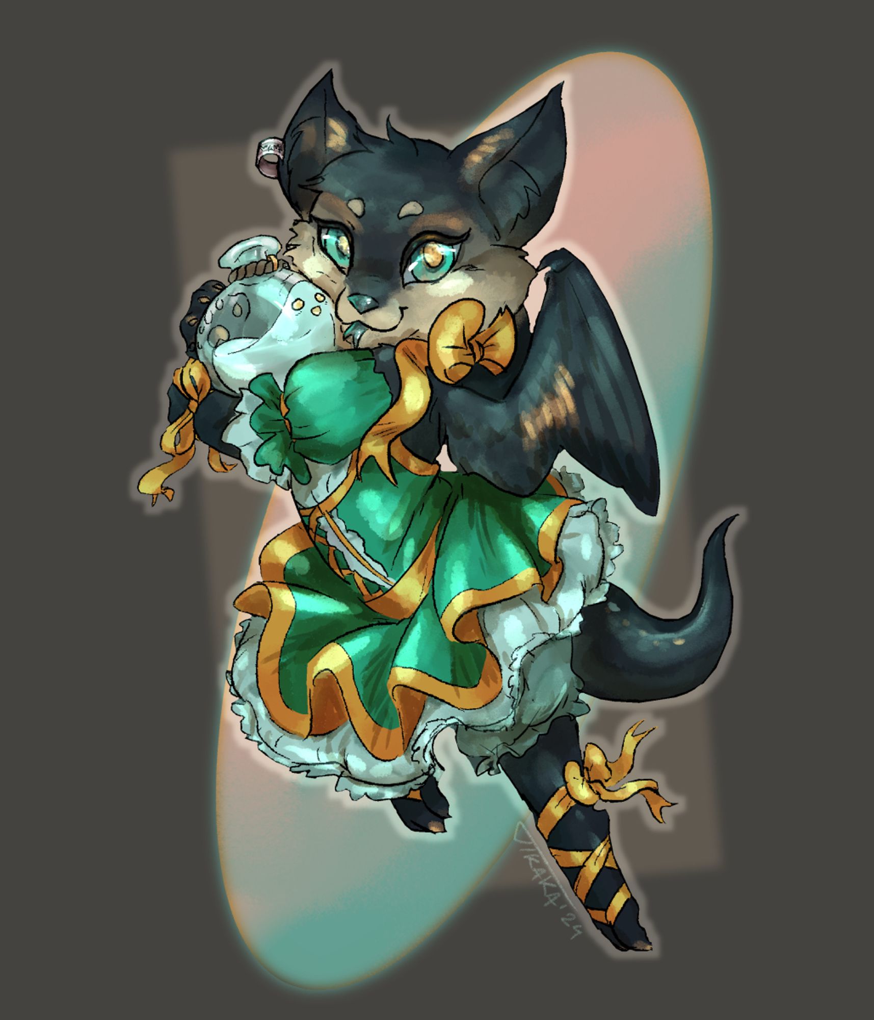 Lenalis's kitty dragon creature in a ruffly teal and gold dress, smooshing a round jar against her cheek, where a happy goo called Hal is smiling at her. They are very married and adorable.