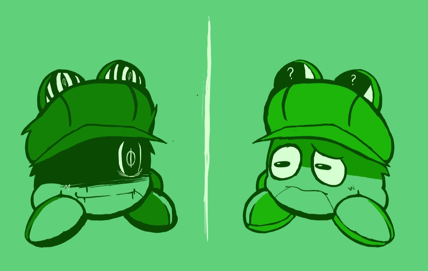 Kero, the younger Kirby on the right looks worriedly at his doppelganger, Kaeru, who will be him in the future should his newfound, rage-linked power be misused for villainy. The fake frog seems to stare at his other self with a hint of malice, with his intentions being clear.