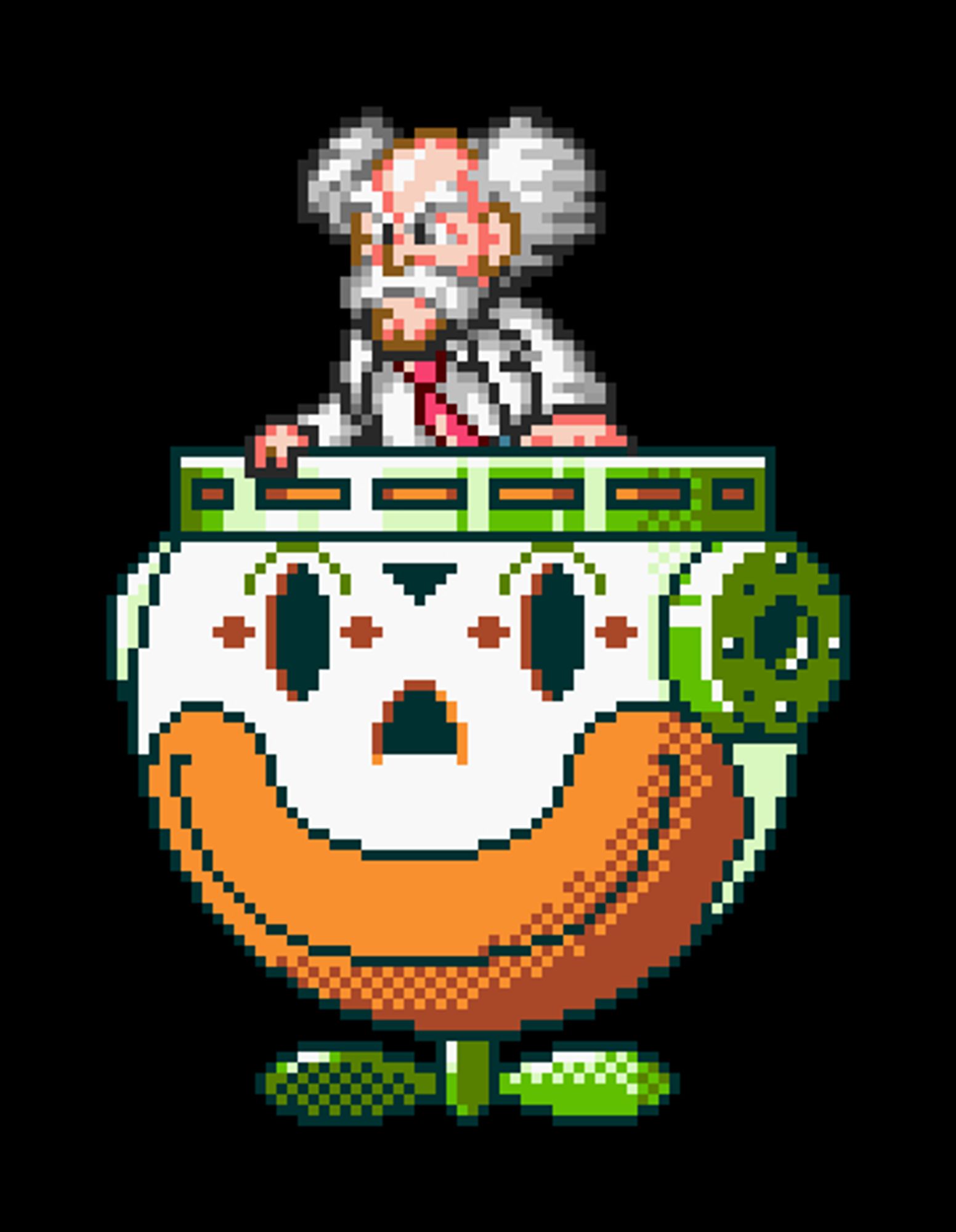 Wily's Mega Man 7 UFO pose seated in an edit of the Clown Car. It's been given a few extra parts edited from several Dr Wily machine sprites.

This is basically just a boss fight from I Wanna Be The Guy, which incidentally is a great inspiration for making crossover sprite edits in the first place.