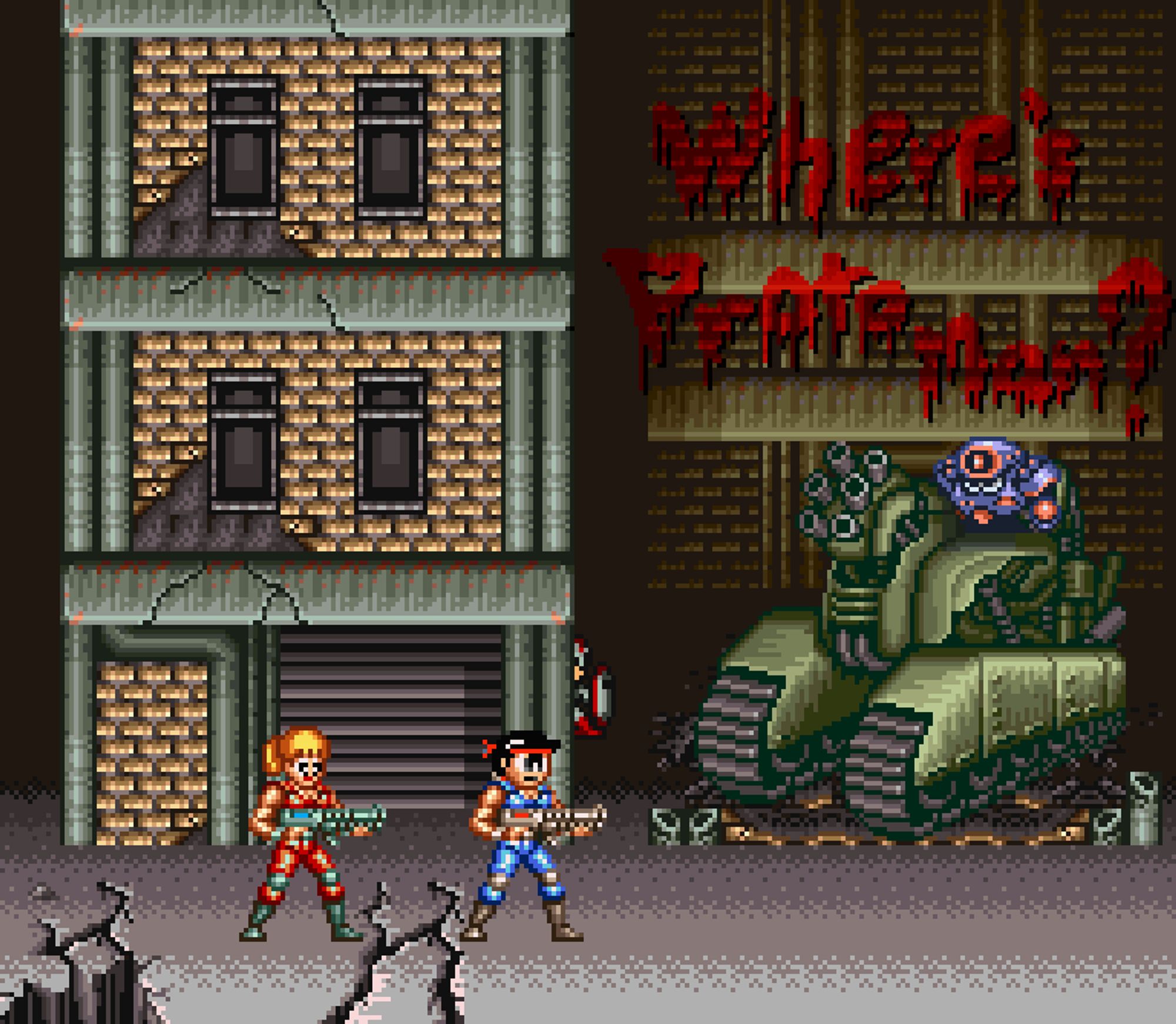 An edit of the tank miniboss from Contra III. Mega Man and Roll's heads are edited over the bodies of the heroes from Contra, and Napalm Man is seated in the tank seat. Grafiti of "Where's Proto Man?" is poorly integrated over the wall.

It is unlikely that Proto Man is hiding in the alley.