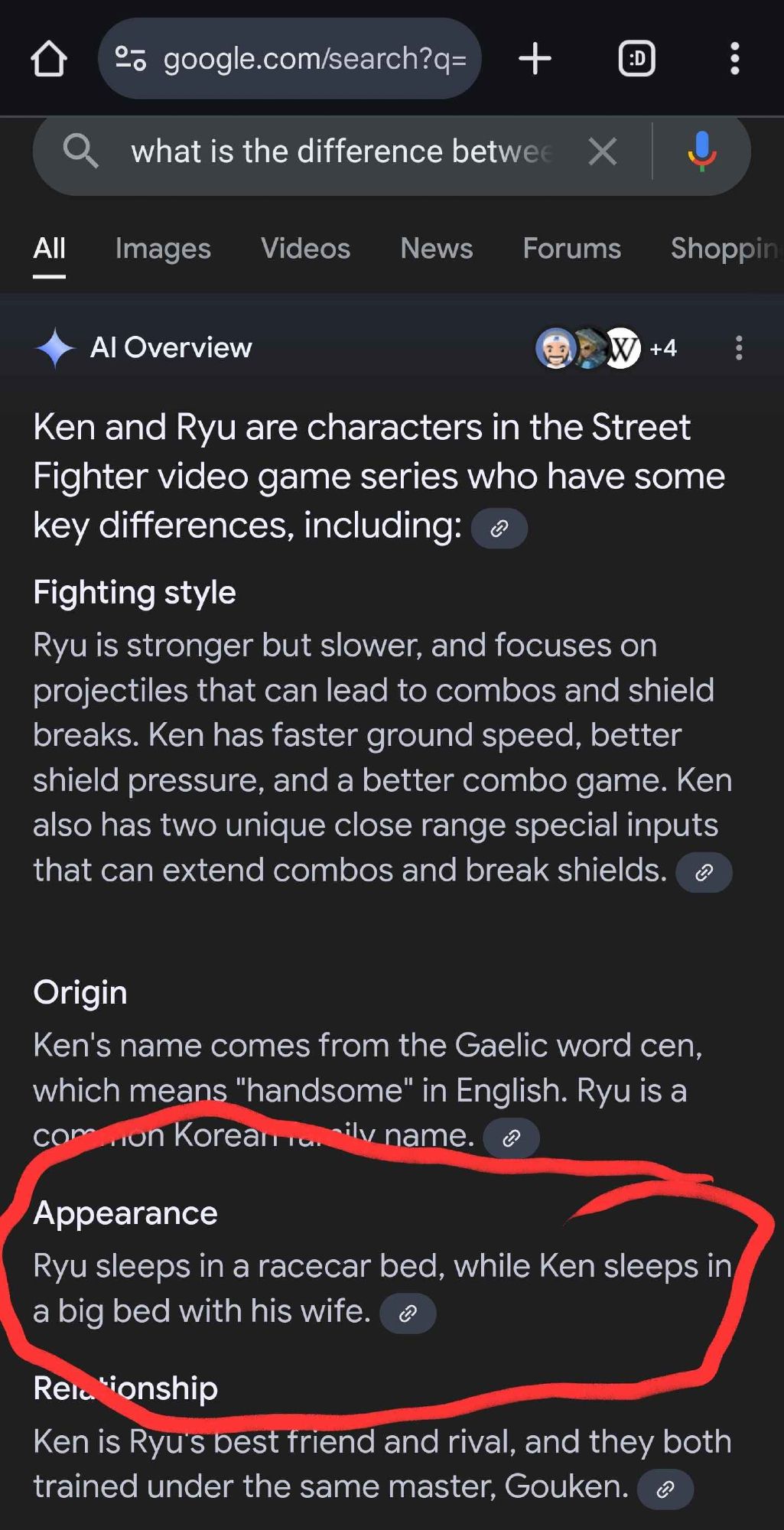 Google search "AI Overview" results
[a couple of paragraphs that seem reasonably accurate]
a red circle highlights "Appearance: Ryu sleeps in a racecar bed, while Ken sleeps in a big bed with his wife."