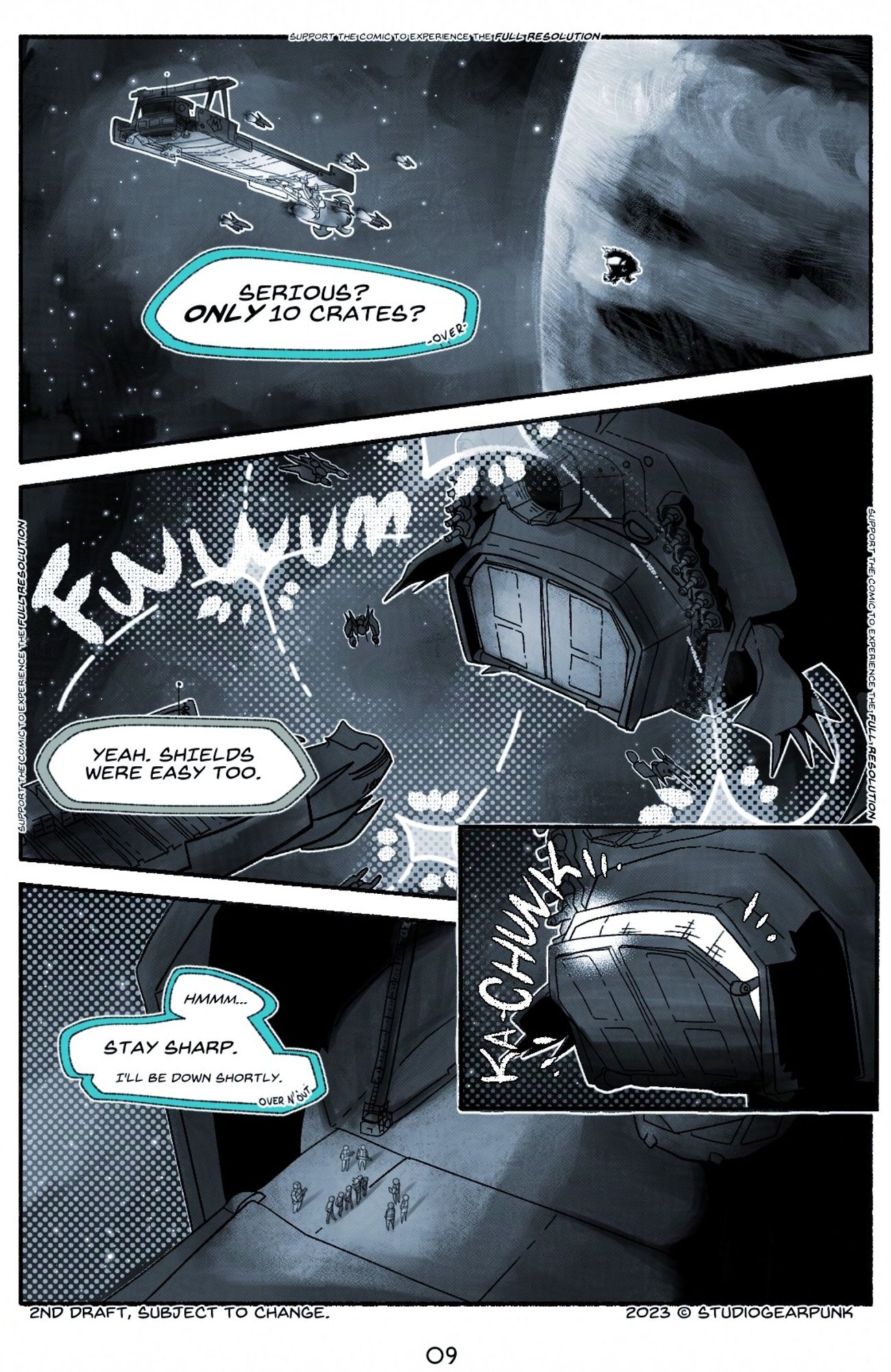 A Fractured comic page. Panel 1 is a long shot of a cargo ship being rallied in toward a structure in the distance, Jupiter looms close by in the background, text bubble says "Seriously, only 10 crates?". Panel 2 is everyone corralling in towards the entrance of the structure, text bubble reads, "yeah, and their shields were easy too." Panel 3 is showing the structure opening and panel 4 is everyone walking down a cross the platform that opened up in the previous panel. Final text bubble reads, "hmm, stay sharp. I'll be down shortly, over and out."