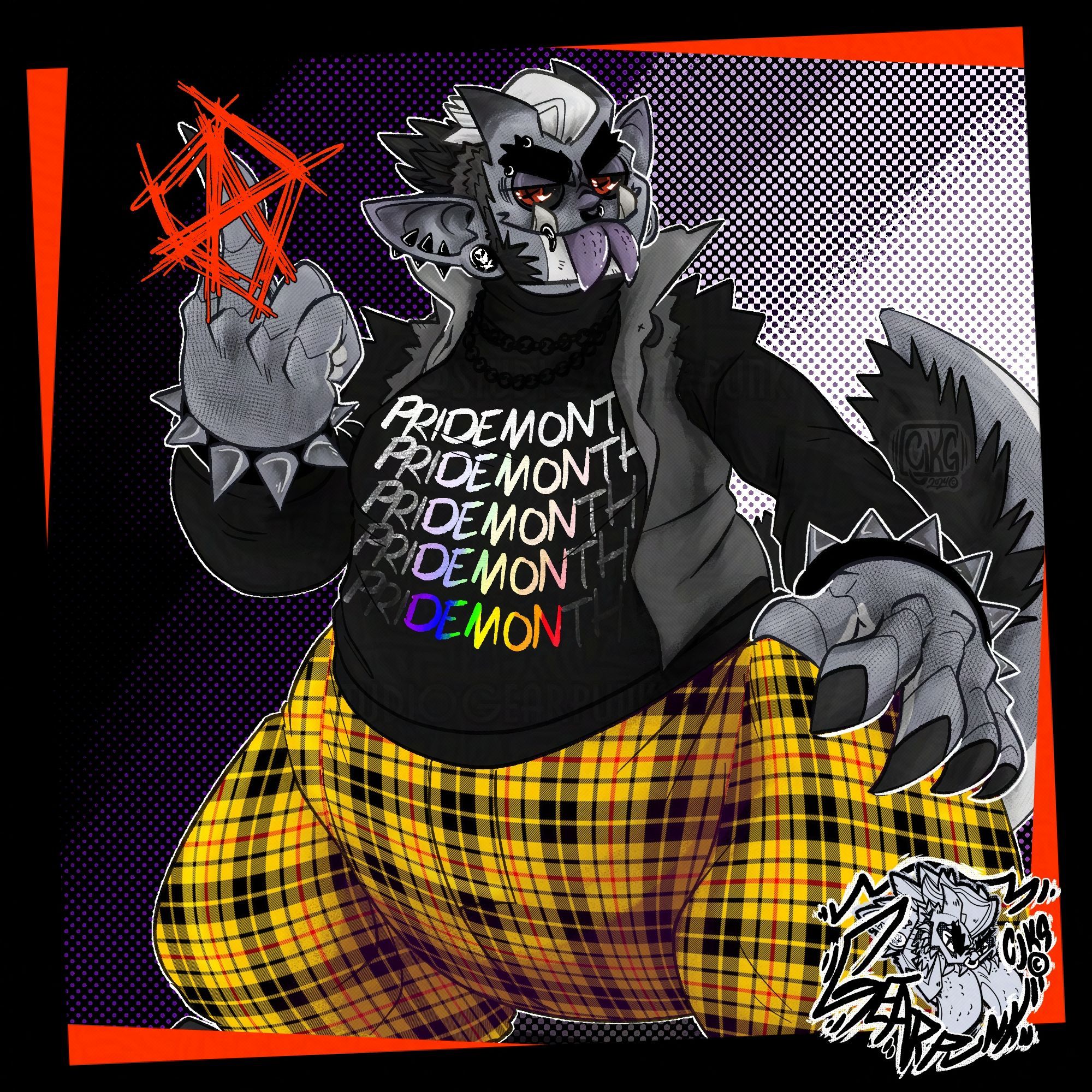 An illustration of a horned character flipping the bird to the viewer but his hand is obscured by the Anarchist symbol. His shirt is "Pride month" that fades into "demon". He has yellow plaid pants on