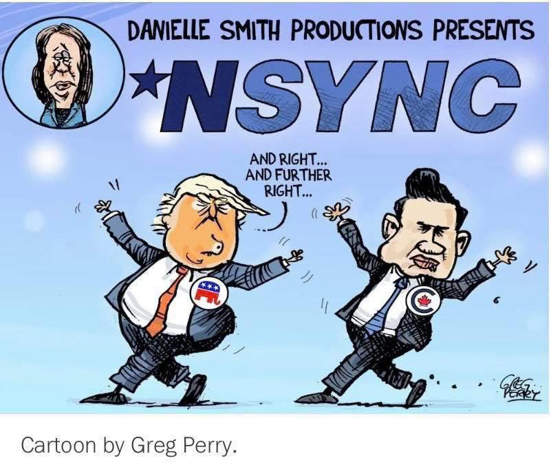 Political cartoon 
Trump & Poilievre dancing ‘n sync’ 