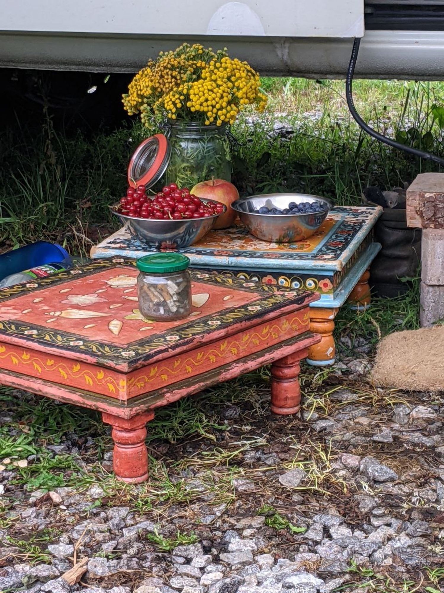 Aschenbecher Beeren und Blumen auf bunten Tischen - ein campingstilleben