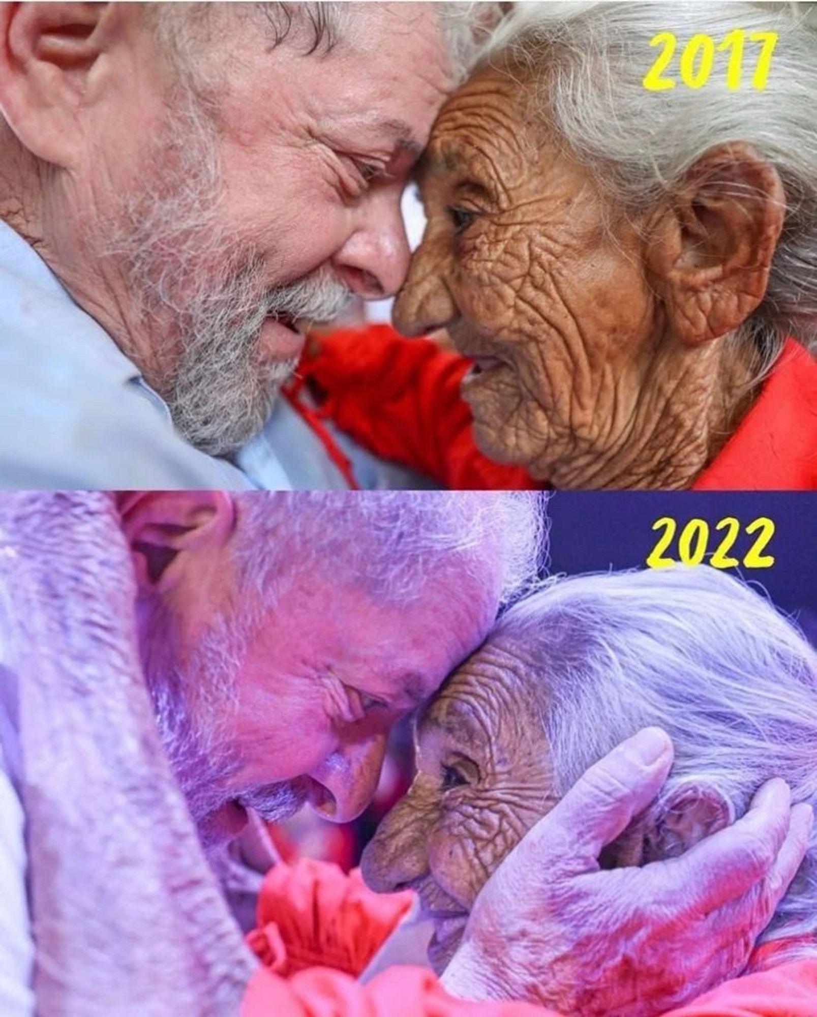 Na foto, dividida ao meio, o presidente Lula aparece com a Dona Marilda, em dois anos diferentes: 2017 e 2022. Eles estão encostando suas cabeças e sorrindo.