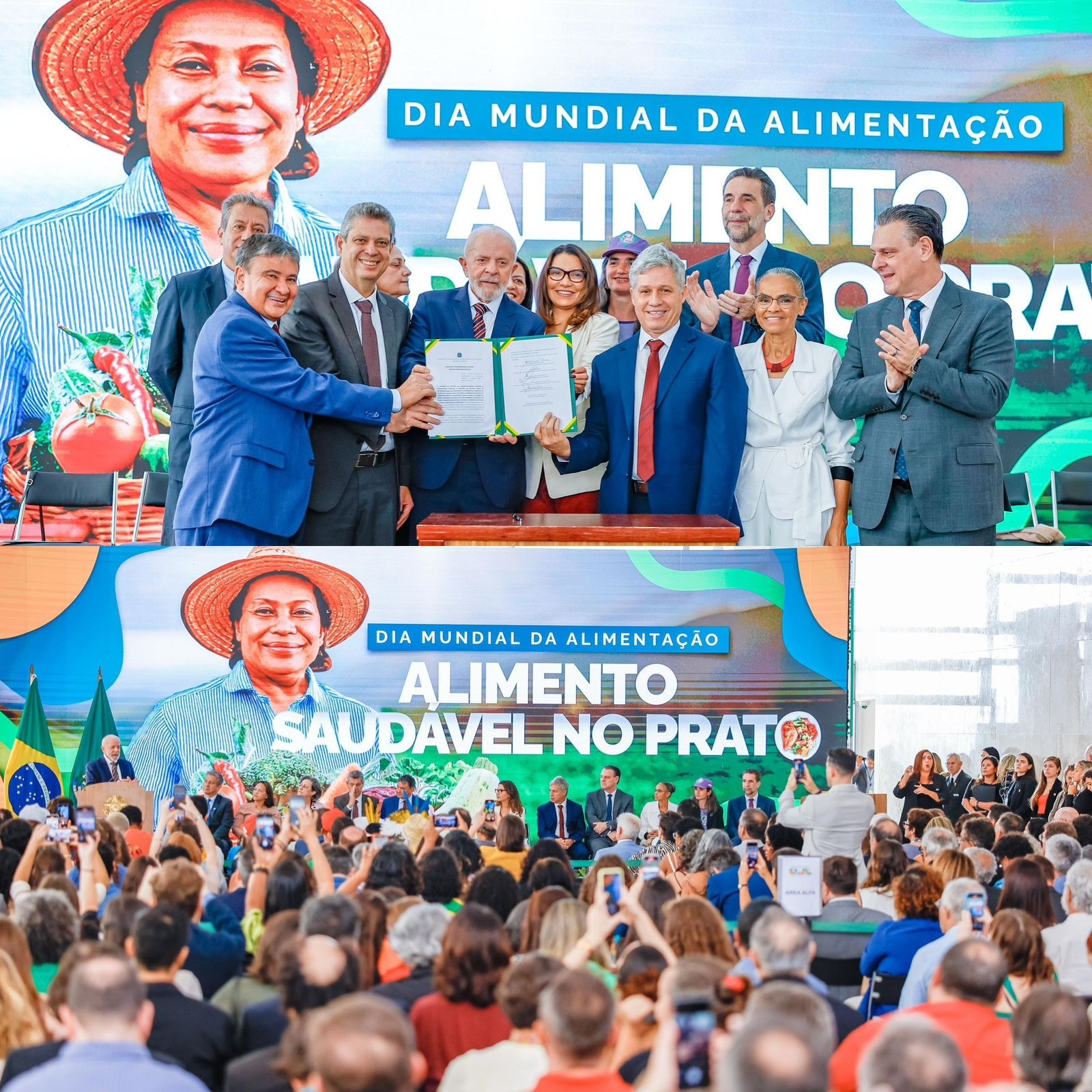 Na imagem, duas fotos estão no layout. Acima, uma foto dos ministros e ministras ao lado de Lula e Janja, segurando o documento assinado no âmbito do Dia Mundial da Alimentação. Na foto de baixo, o público assiste o presidente Lula falar no palco. Ao fundo está um banner escrito "Dia Mundial da Alimentação - Alimento Saudável no Prato".