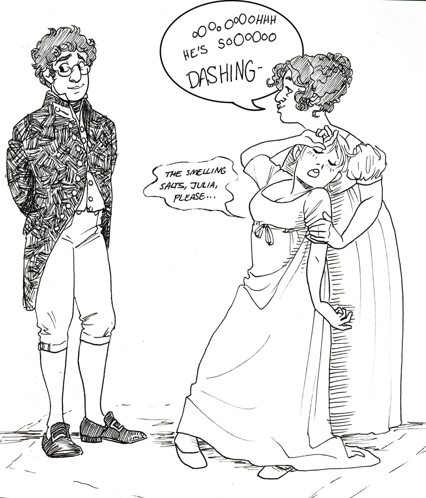 Christopher, a man with dark hair, glasses, and an early 19th century uniform, looks shyly to the side. Julia, a dark haired girl in a puff sleeved dress says "oooOoooOo he's sooooooo dashing" while she supports Gwen, a girl with light straight hair and a similar dress, as she mock-swoons with a hand to her forehead. A wavering speech bubble reads "The smelling salts, Julia, please..."