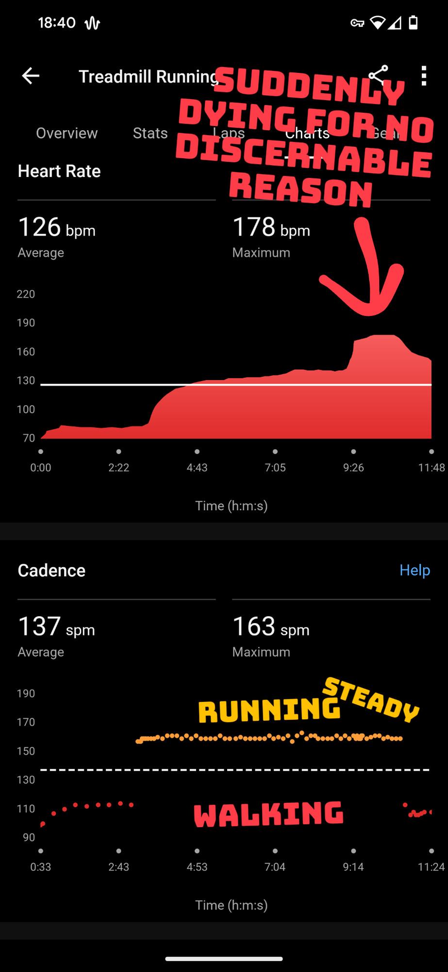 A screen shot of my Garmin fitness app. It shows a treadmill session with a walking section, a steady speed run followed by another walking section. 

Also is my heart rate, which tracks the above until 2/3 though the run where it suddenly spikes 35 BPM for no reason. 

The image is annotated "suddenly dying for no discernable reason"