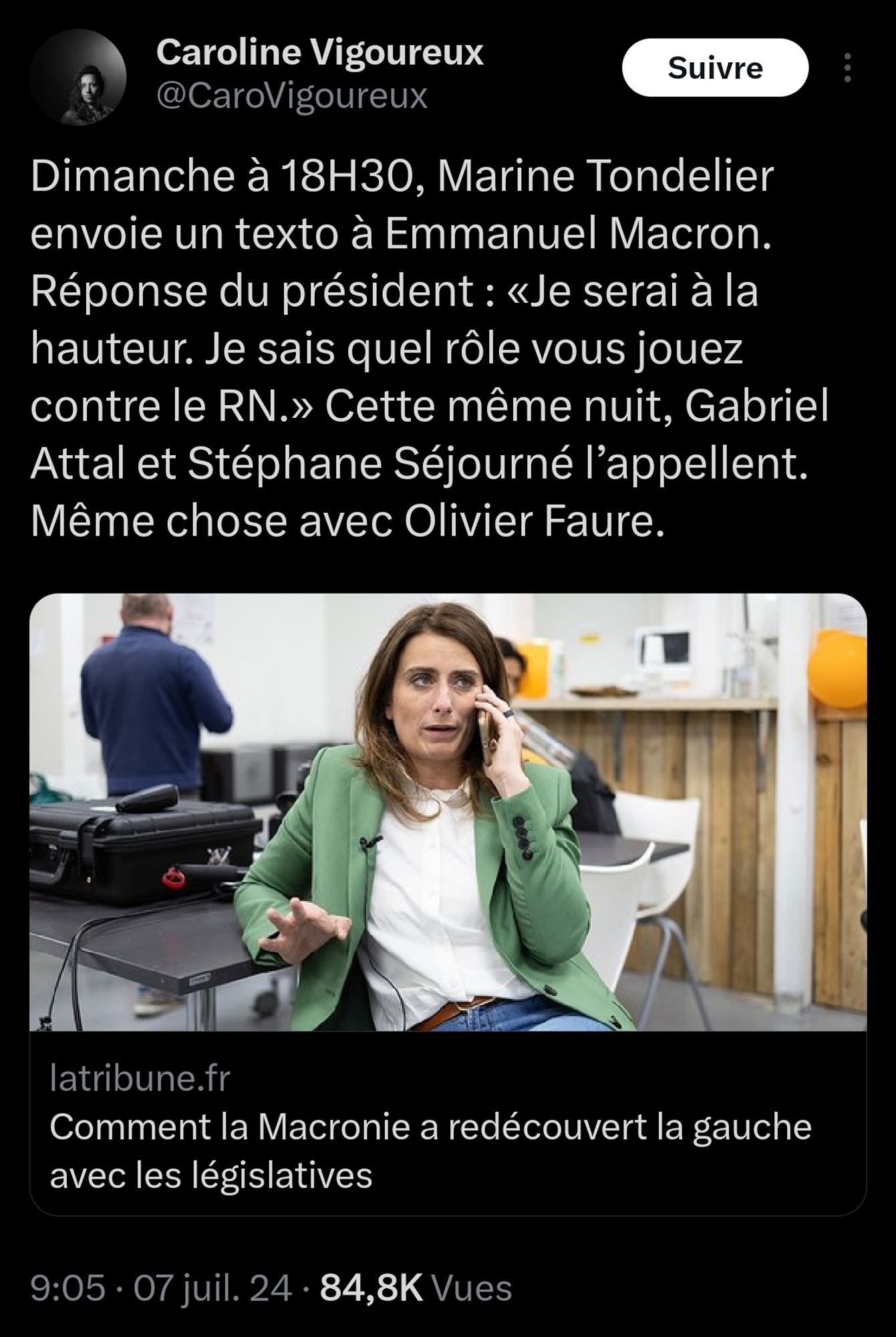 Dimanche à 18H30, Marine Tondelier envoie un texto à Emmanuel Macron. Réponse du président : «Je serai à la hauteur. Je sais quel rôle vous jouez contre le RN.» Cette même nuit, Gabriel Attal et Stéphane Séjourné l’appellent. Même chose avec Olivier Faure.