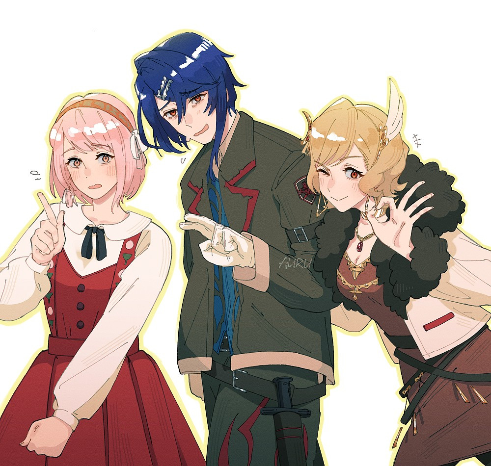 Lapis, Alcryst and Citrinne wearing their Somniel outfits and standing in that order. They are posing with their fingers, signaling 'one', 'two' and 'three'.