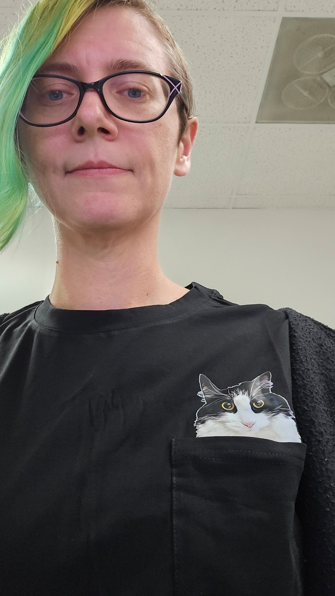 Picture of person with green hair wearing a black tshirt with a picture of a cat in the shirt pocket.