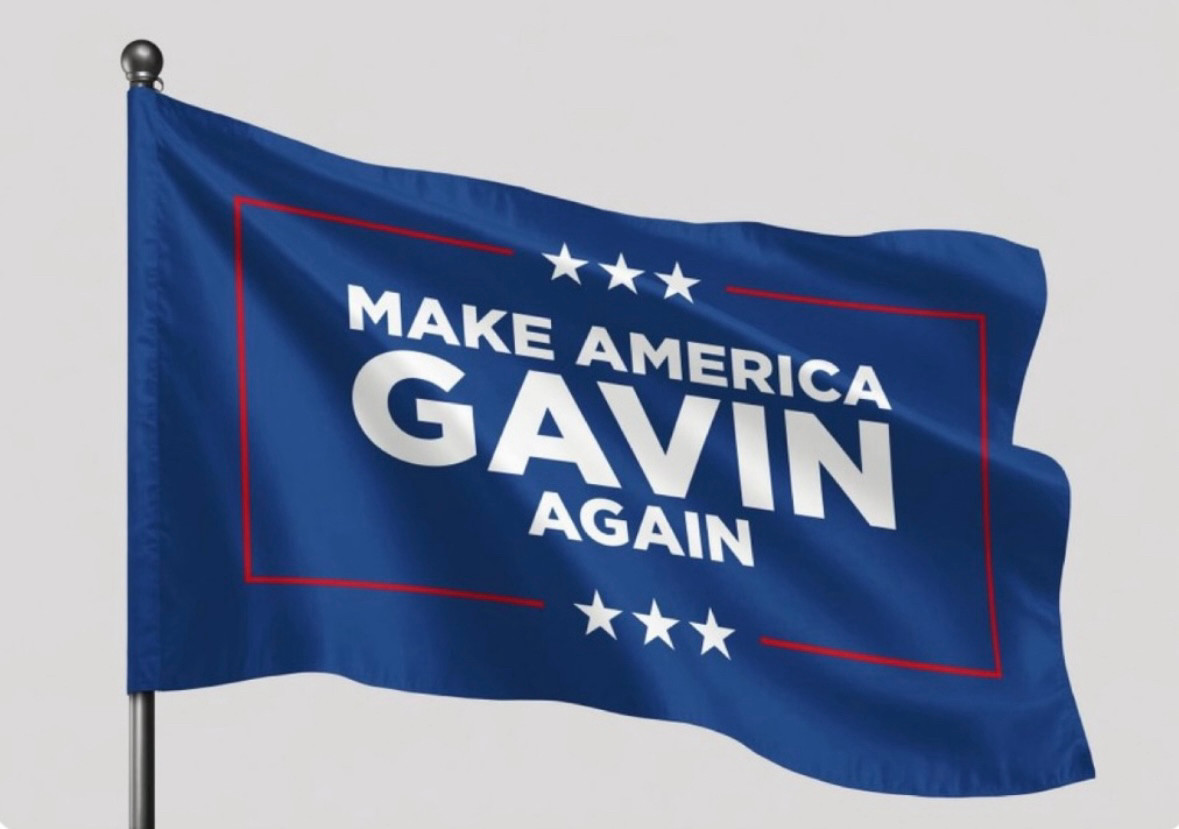 Funny meme of a blue flag with white letters & stars that says: 
MAKE AMERICA GAVIN AGAIN 