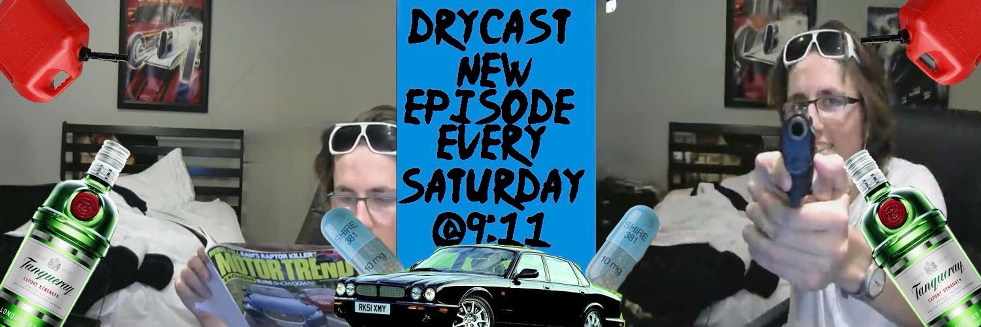 A person is holding a magazine while pointing a toy gun at the camera. The background features a bed and wall art. The image is overlaid with text promoting a podcast called "Drycast," stating new episodes are released every Saturday at 9: