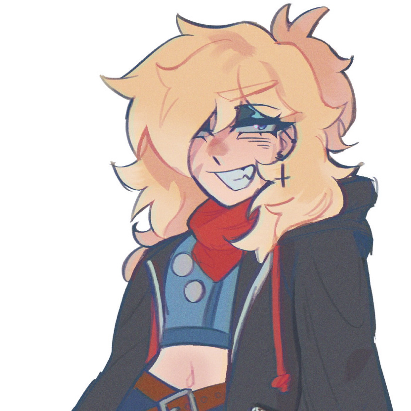 Cropped image of Jaune Arc RWBY from an AU (Dry Guts Hollow Bones). He has long hair, wears a hoodie, and has a cute little red bandanna. He is looking off to the side smiling