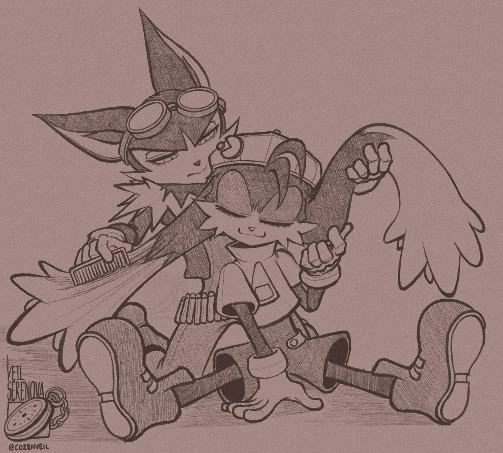 A simple monochrome doodle of Guntz brushing Klonoa's ears, featuring heavy linework variations and hatching. It... sounds weird but Klonoa's ears are entirely covered in fur. Klonoa seems to enjoy it very much.

They are so adorable...