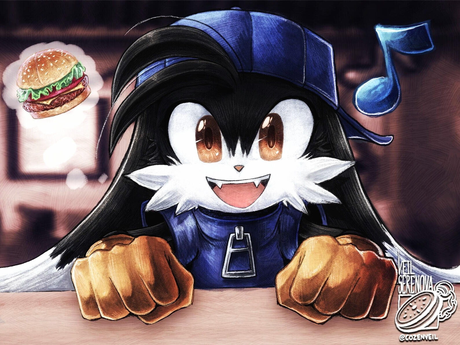 Klonoa excitedly staring at the screen, awaiting a burger. This is a redraw I created, based on an iconic moment from Klonoa: Empire of Dreams for the GameBoy Advance. 

Klonoa is detailed in a painterly manner with plenty of texture and grungy hatching. His eyes are big and orange/brown, reminiscent of his design from Klonoa: Dream Champ Tournament, rather than the thin yellow eyes seen in Lunatea's Veil and Empire of Dreams. 