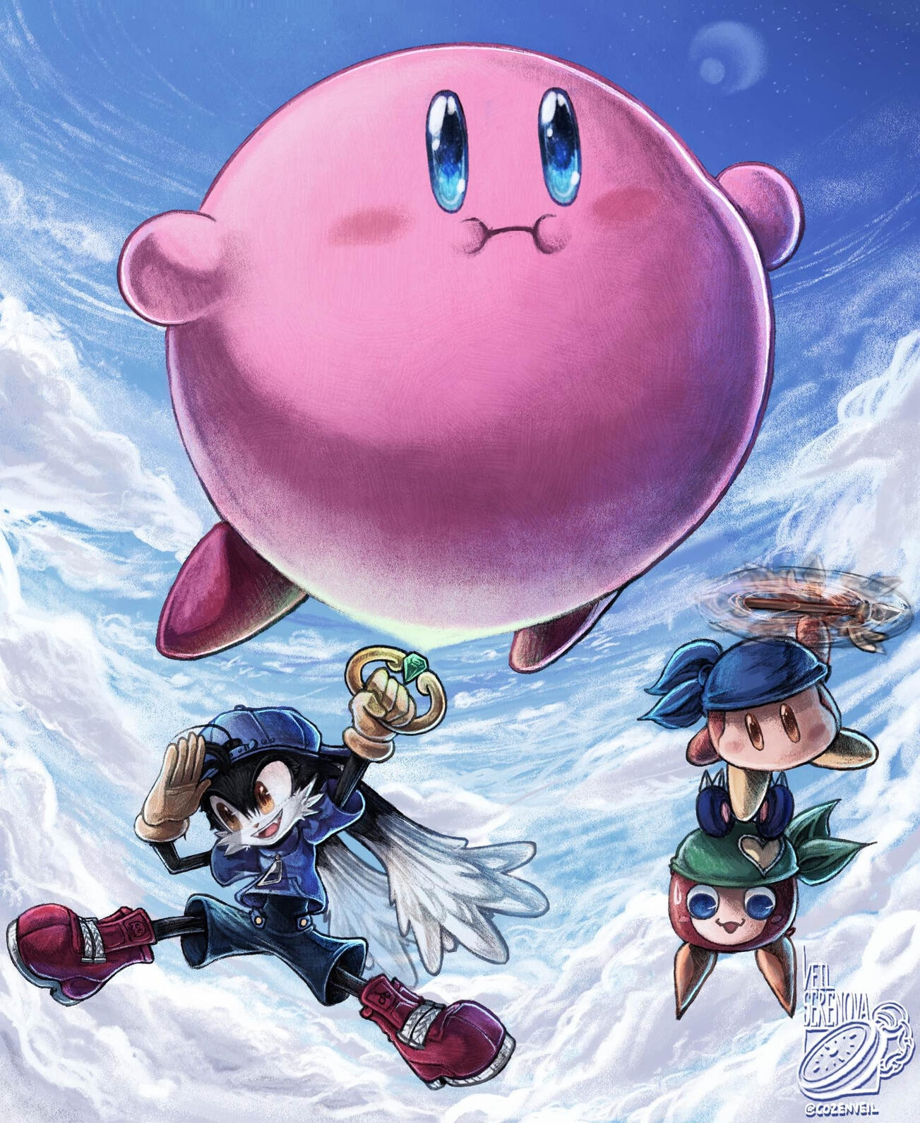 A painting of Klonoa, Kirby, Bandana Waddle Dee and Heart Moo (from Klonoa Beach Volleyball) high up in the sky, surrounded by clouds. Klonoa is using the wind bullet to attach to Kirby and float, while Heart Moo nervously grips onto Bandana Waddle Dee's foot in order to... well, not fall.

I changed up a little bit of Klonoa's design here! Ever so slightly. I detailed the lacing on his shoes, and if you look closely, the tongues of his shoes feature Pac-Man ghosts! His hat also has a few extra details and I gave his shirt some pockets. His design overall is primarily based on his appearance in Klonoa Heroes.