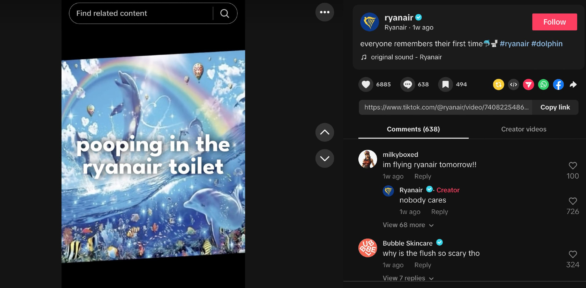 ryanair account on tiktok posting rainbow dolphin photo with a caption "pooping in the ryanair toilet", someone commented "i'm flying ryanair tomorrow!" and ryanair responded "nobody cares"