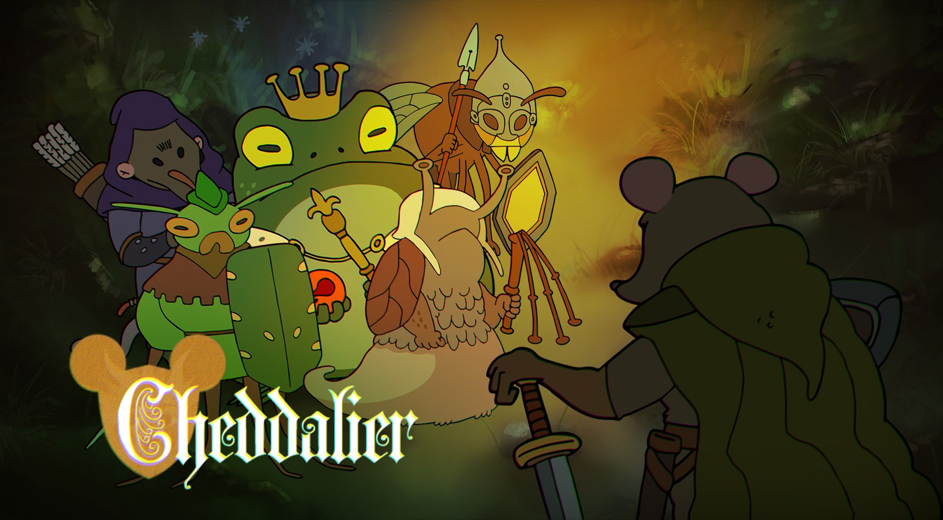 Picture of a mouse knight facing a group of enemies: frog king surrounded by bugs, a mole and a snail, in the style of oldschool cartoons. 