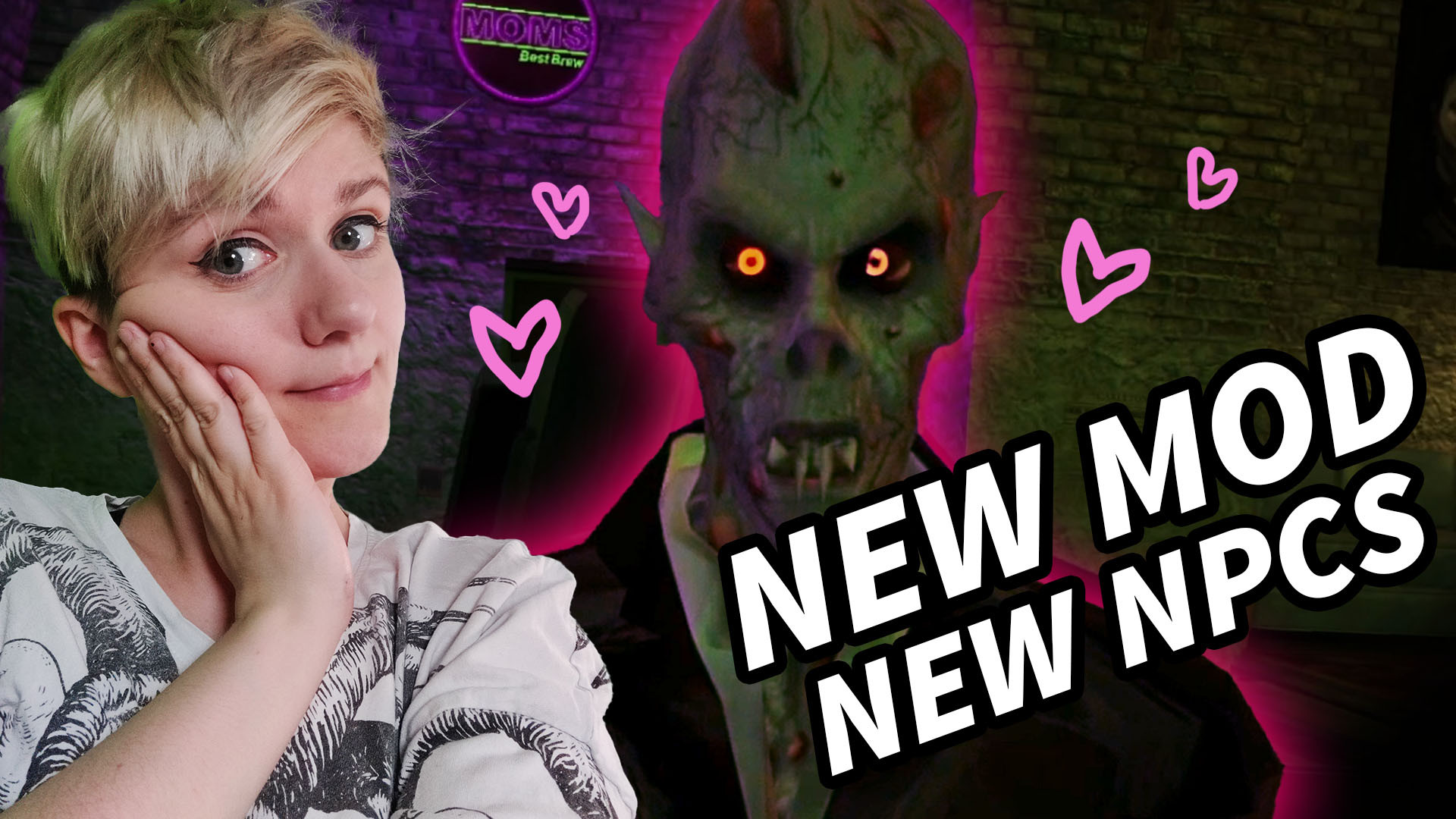 YouTube thumbnail with Outstar and Nosferatu NPC from Bloodlines Prelude II mod surrounded by hearts, with text "New mod, new NPCs"