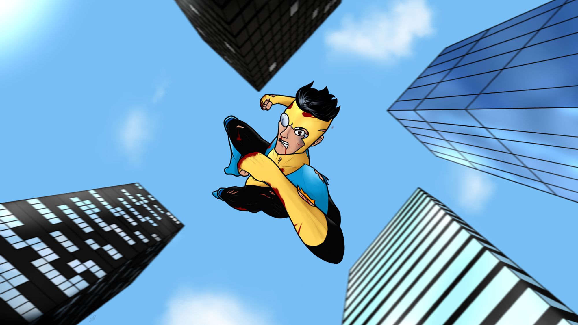 [IMG ID: Mark Grayson/Invincible from the Comic and TV series Invincible flies towards the camera battle damaged with blood, scars, clothing tears, and a cracked mask glass from a downward angle, getting ready to punch whoever or whatever is below behind a cityscape with 4 skyscrapers and a blue sky with white clouds./End]