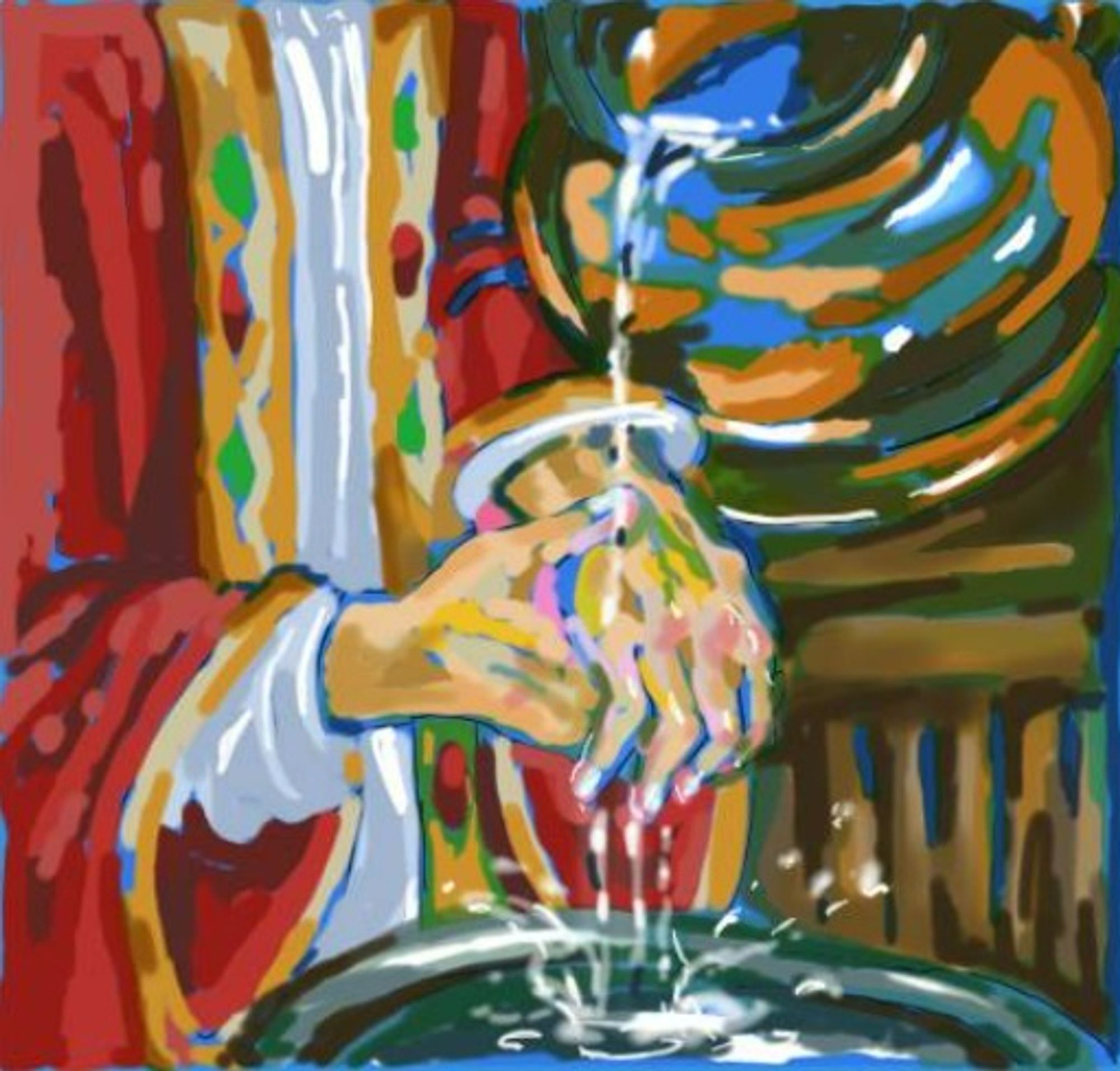 A drawing of a figure in a red cloak washing his hands over a basin