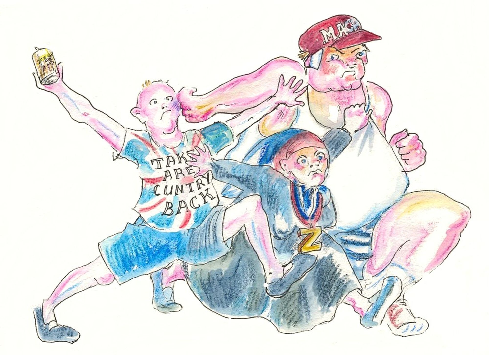 A drawing of three people pushing each other as they race: A huge man in a red MAGA hat, a weedy man with a beer can in a Union flag T-shirt with text  'TAKE ARE CUNTRY BACK', and, pushing furiously between them, a woman in a dark dress with a kerchief on her head in Russian flag colours and a large Z-shaped medallion around her neck.