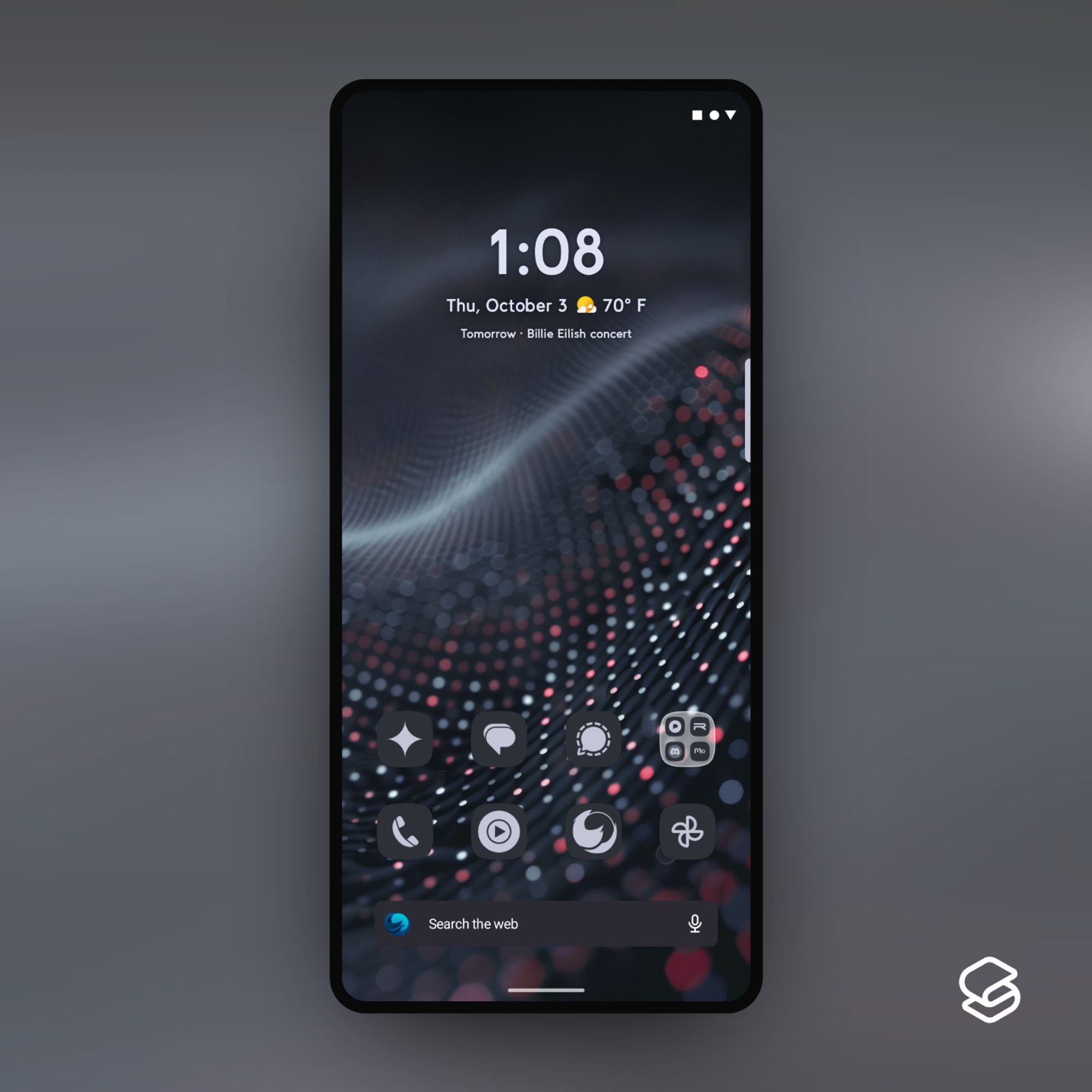 My Pixel 9 Pro XL Android home screen. A curved dot matrix wallpaper with pink, gray, and white dots. White font clock at the top and gray material style icons at the bottom.